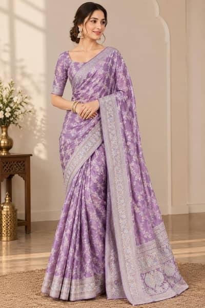 Beautiful Lavender Purple Embroidered Saree | Stitched Formal Saree