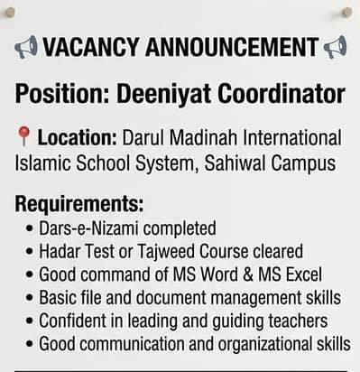 Female Teacher/coordinator Required at islamic school