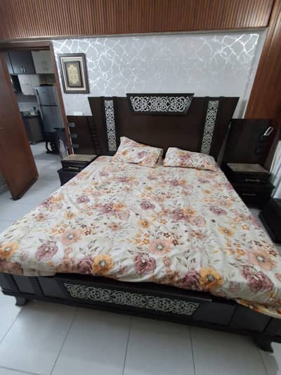 Wooden Bed with Matress & Side tables for Sale