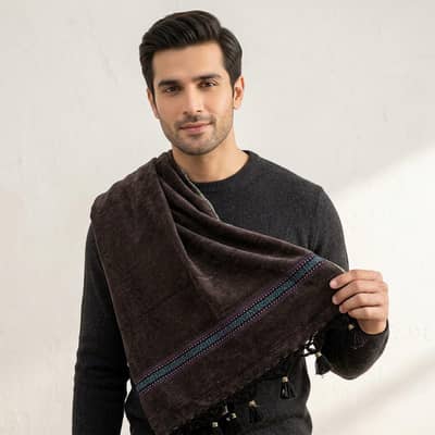 winter velvet shawl Brown Embroidered Tassel