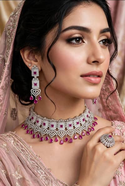 Luxury Pink Stone American Diamond Bridal Set