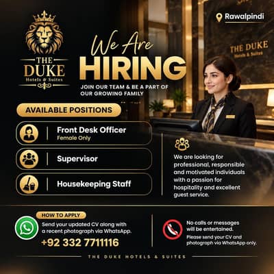 Front Desk Officer, Supervisor, Housekeeping | Jobs in Rawalpindi