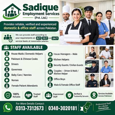 House maids, Maid, Baby Sitter, Chef, Home Cook, Patient Care, Driver