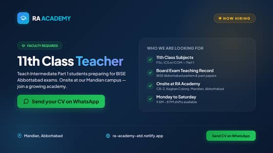 Tuition Teachers Required - Class 1st to 12th | RA Academy, Abbottabad