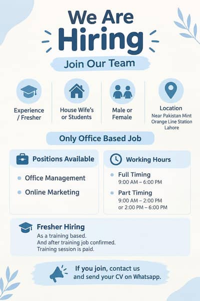 URGENT HIRING MALE OR FEMALE LOCATION AT LAHORE
