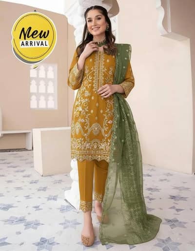 3 PCs Woman stitched organza Embroidered Suit