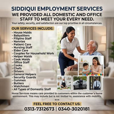 House maids, Maid, Baby Sitter, Chef, Home Cook, Patient Care, Driver
