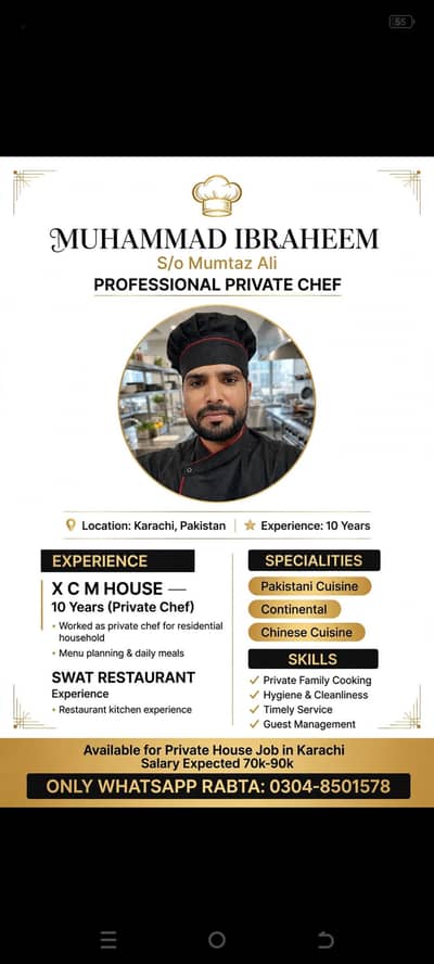 assalmu alikum I am professional chef 10 years experience