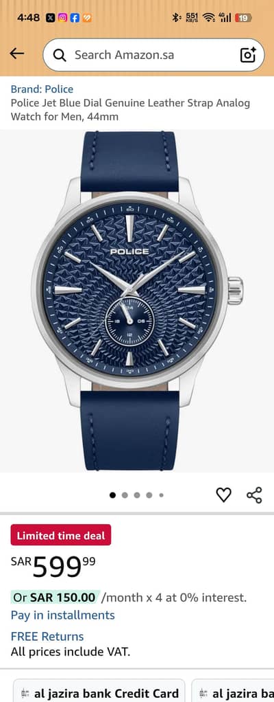 Police Jet Blue Dial Genuine Leather Strap Analog Watch for Men 44mm