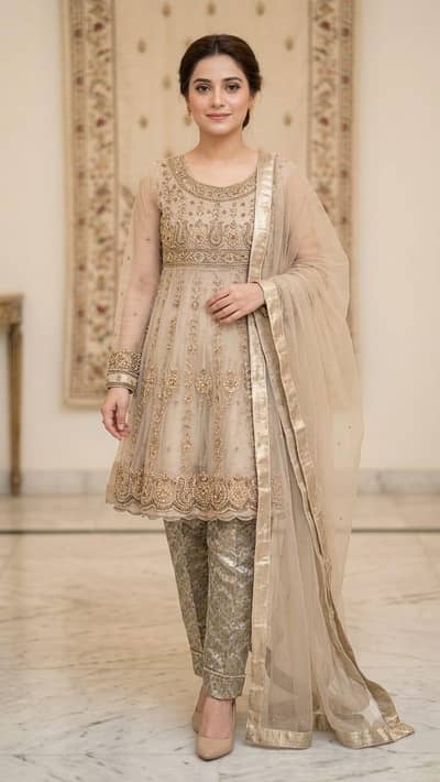 4-Piece Net & Jamawar Short Frock
