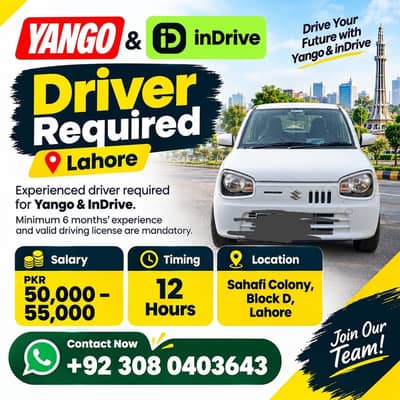 Yango & InDrive Driver Required – Lahore | Valid License & Experience