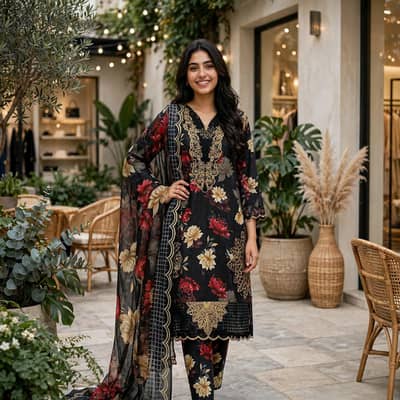Black Floral Printed Lawn 3PC Stitched Suit For Women 3999