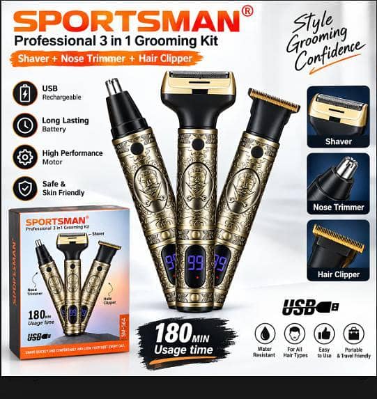 SPORTSMAN 3 in 1 Grooming Kit | Shaver | Nose Trimmer | Hair Clipper | USB Rechargeable