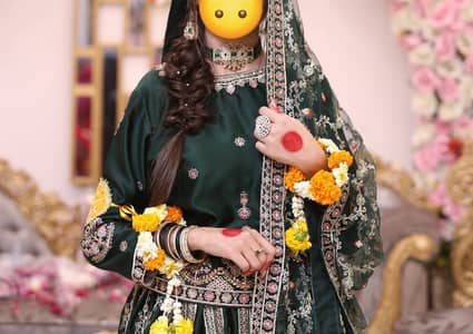 Heavy Embroidered Bottle Green Bridal Lehenga Choli - 1 Time Used