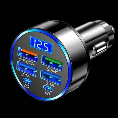 6 in 1 Fast Car Charger 4 USB & Type-C Ports