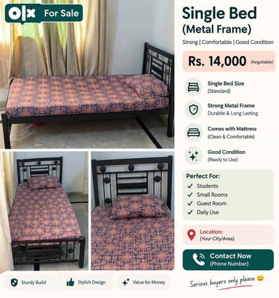 Single Bed with Mattress – Black Metal Frame