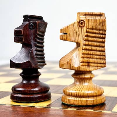 1960 Handcrafted Spanish Escardibul Wooden Chess Set with Inliad Board