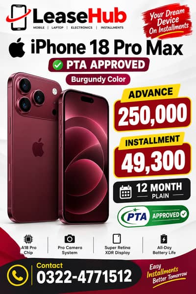 Apple iPhone 18 Pro Max Pta Approved On Easy Installment Only Lahore