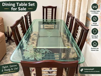 Wooden Dining Table with Glass Top & 6 Chairs