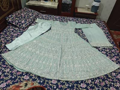 Elegant ice blue  Heavy Embroidered 3-Piece Party Wear Dress / Frock