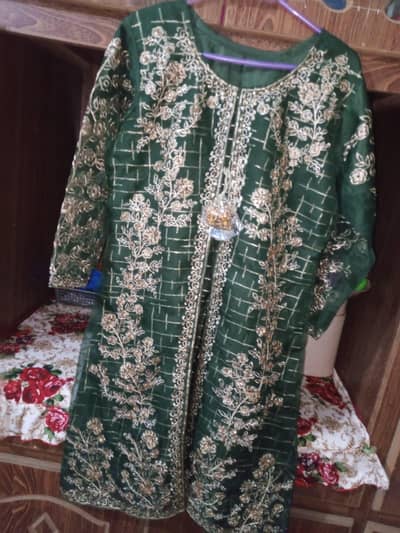 Dark green fancy embroidered 3-pc suit- party wear  size-medium