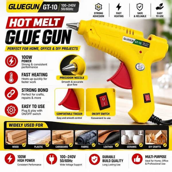 100W Hot Melt Adhesive Tool GT-10 – Electric Glue Applicator 100-240V for DIY Crafts, Repairs, Wood, Plastic & Home Use