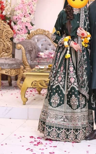 Heavy Embroidered Bottle Green Bridal Lehenga Choli - 1 Time Used