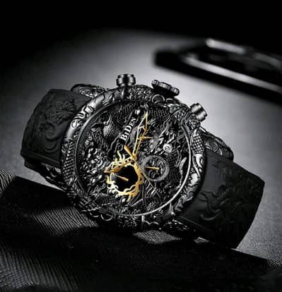 BIDEN Men's luxury chronograph watch 3D Dragon Engraved Dial