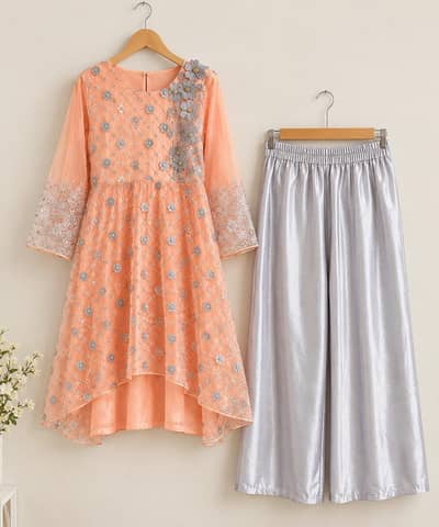 Peach Tail Style Frock with Silver palazzo and net dupatta