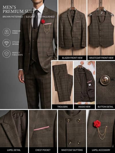 Elegant brown plaid 3 piece suit for men