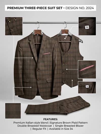 Elegant brown plaid 3 piece suit for men