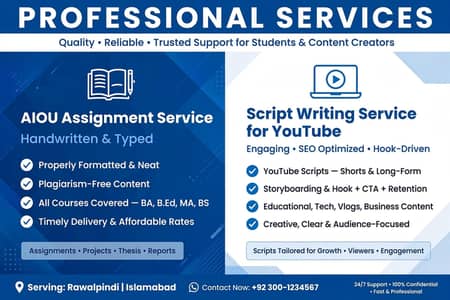 AIOU Assignment Handwritten Typed + YouTube Script Writing Service