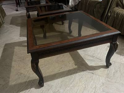 2 small and 1 large pure sheesham tables and 2 sofa single seater