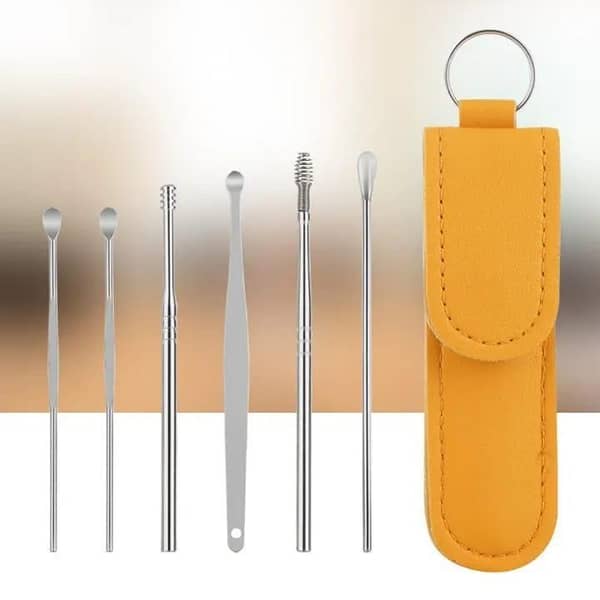 Pack Of 6 Earpick Cleaning Kit Steel Cleaner Spoon, Ear Wax Cleaning Kit, Ear Cleaning Tools, Ear Curette, Ear Cleaner, Ear Tool, Ear Cleaning Kit, Wax Remover Kit, with leather Keychain bag kit