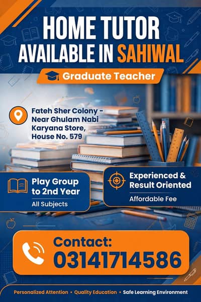 HOME TUTOR AVAILABLE (PLAY GROUP TO 2ND YEAR)