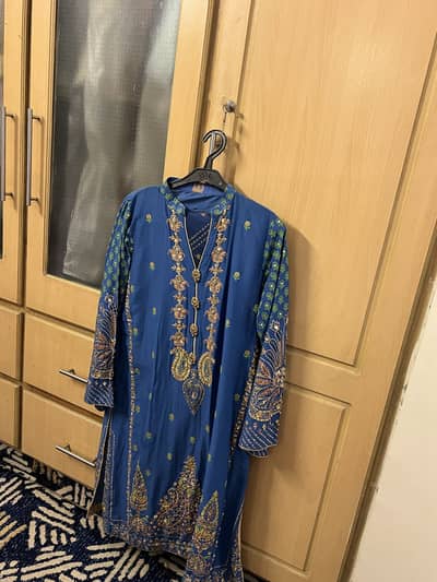 Elegant Blue Embroidered 3-Piece Party Wear Suit (Size: M/L)