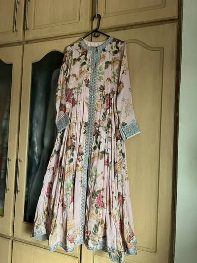 Floral Printed Pink Maxi Dress with Silver Lace Border Work