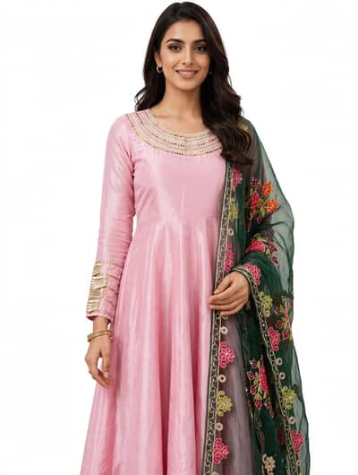 agha noor style pink maxi with back latkan+green dopata