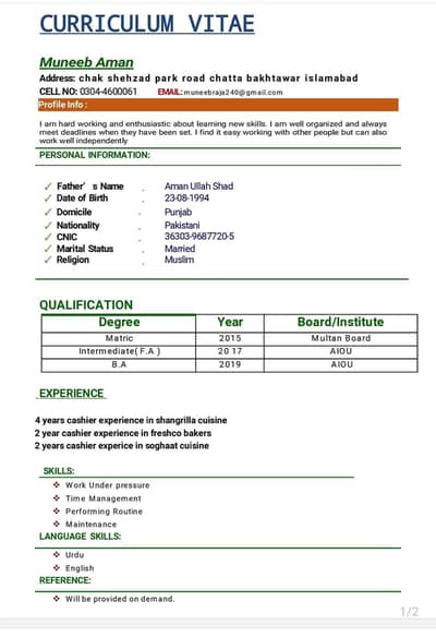 cashier ki job chahye 8 years experience in hotels and bakers