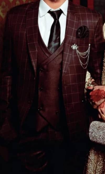 Dark Brown Check Full Suit Coat Waistcoat And Pant