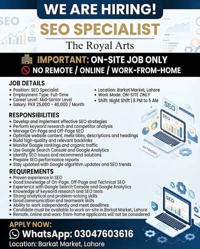 We Are Hiring - SEO Specialist (Night Shift) - On-Site Job Only Lahore
