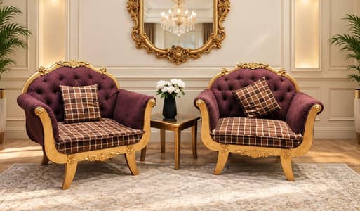 Sofa Set with Coffee Table 1+1 Luxury Premium Wooden & Golden Finish