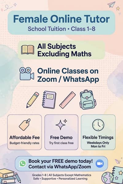 Female Online Tutor Available - School Tuition 1-8