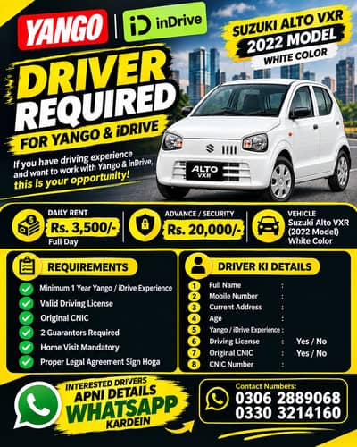 Yango & inDrive Driver Required – Suzuki Alto VXR 2022
