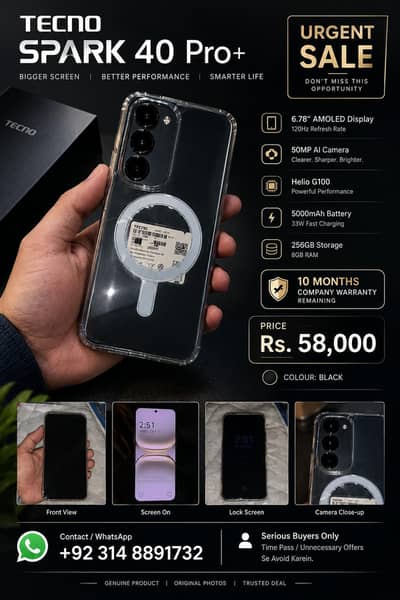 Tecno Spark 40 Pro Plus Black – 10 Months Warranty – Urgent Sale