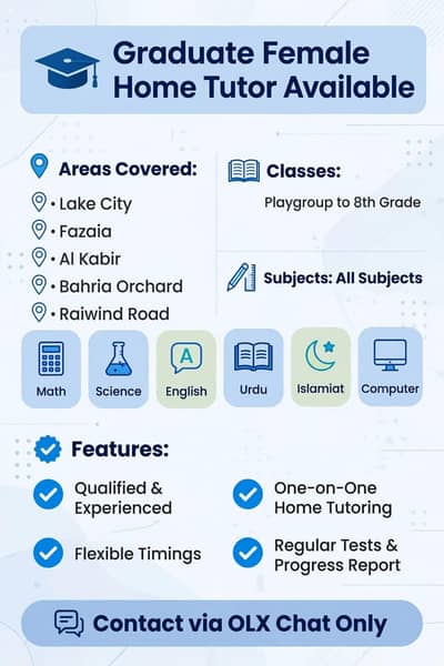Female Home Tutor Available - Lake city, Fazaia, Al Kabir.