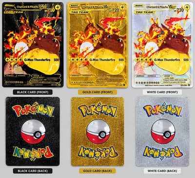Charizard and Pikachu golden white and black theme Pokémon cards