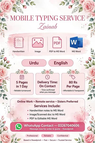 Mobile typing service 5 page 1 day  Rs 80