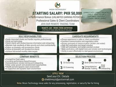 Rs 50,000/Month + Bonuses | Professional Sales & Client Coordinators