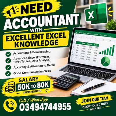 Need accountant with expertise in Microsoft Excel, 50K to 80K salary.